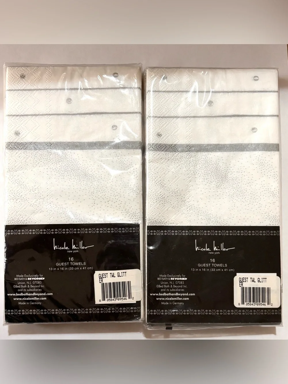 Nicole Miller White & Silver Fancy Disposable Guest Towels Dinner Napkins Pk 16